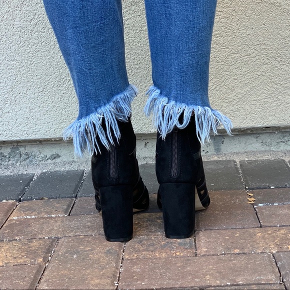 Caged Lace up Geometric Cutouts Block Heel Bootie - Picture 6 of 8